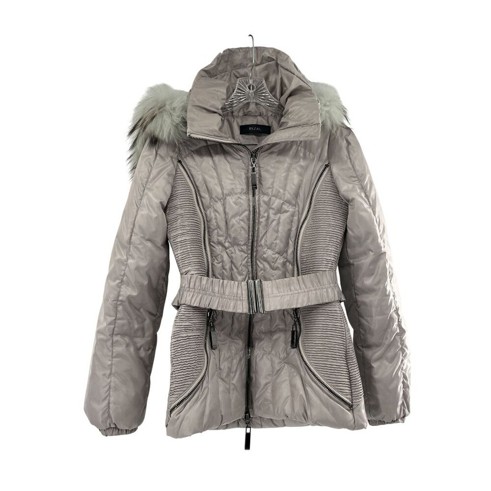 RIZAL Womens Quilted Down Puffer Coat‎ Raccoon Fur Trim Belted Waist Small
